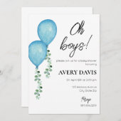 双子の男の子のベビーシャワー招待状 青い風船 招待状 (正面/裏面)