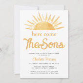 双子の男の子のベビーシャワー Here Come The Sons 招待状 (正面)
