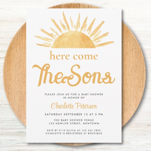 双子の男の子のベビーシャワー Here Come The Sons 招待状