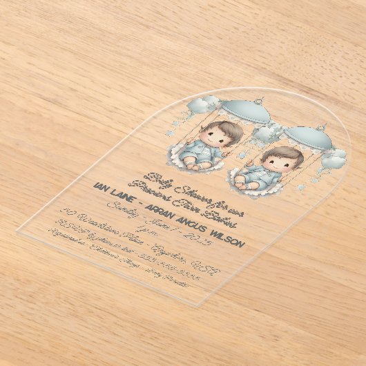 双子の男の子の大切ベビーのための赤ちゃんシャワー アクリル招待状 (レイダウン)