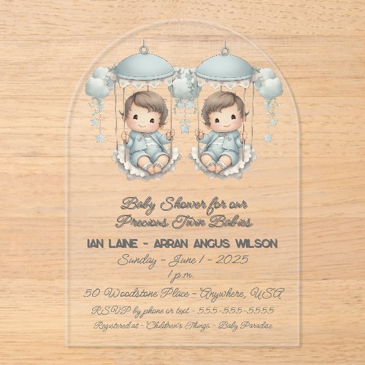 双子の男の子の大切ベビーのための赤ちゃんシャワー アクリル招待状 (正面)