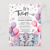 双子の男の子の女の子の象のバルーンかわいい赤ちゃんシャワー インビテーションポストカード (正面)