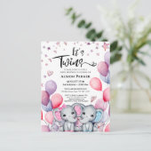 双子の男の子の女の子の象のバルーンかわいい赤ちゃんシャワー インビテーションポストカード (スタンド正面)