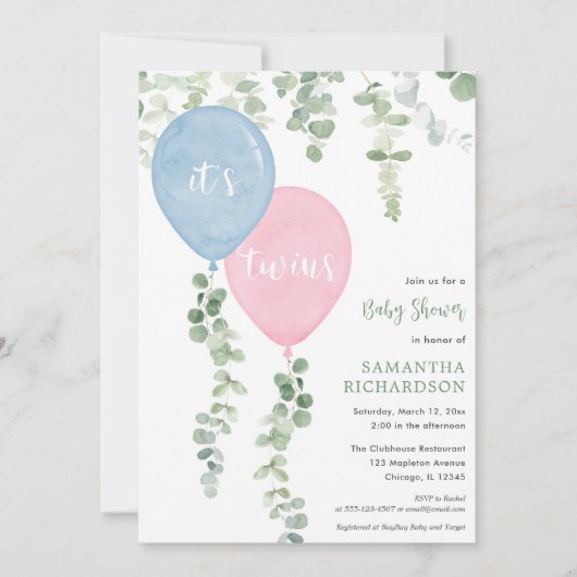 双子の男の子の女の子の青いピンクのバルーン赤ちゃんシャワー 招待状 (正面)