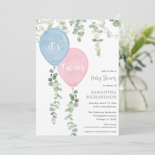 双子の男の子の女の子の青いピンクのバルーン赤ちゃんシャワー 招待状 (スタンド正面)