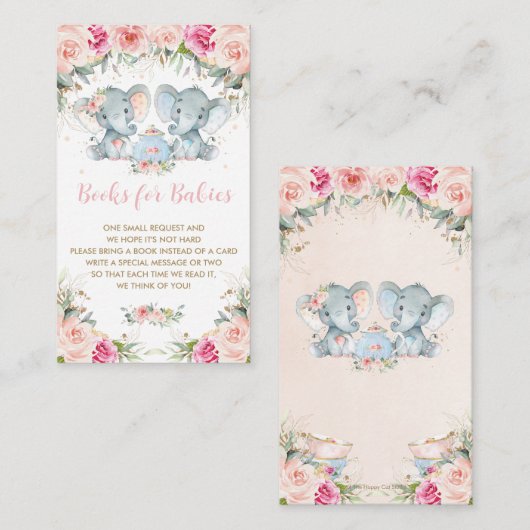 双子の男の子の女の子エレファントピンクのフローラ茶が本を持ってくる エンクロージャーカード (正面/裏面)