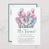 双子の男の子の女の子ゾウのバルーン赤ちゃんシャワー インビテーションポストカード (正面/裏面)