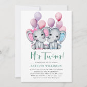 双子の男の子の女の子ゾウのバルーン赤ちゃんシャワー 招待状 (正面)