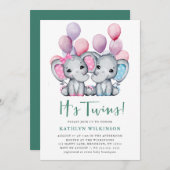 双子の男の子の女の子ゾウのバルーン赤ちゃんシャワー 招待状 (正面/裏面)