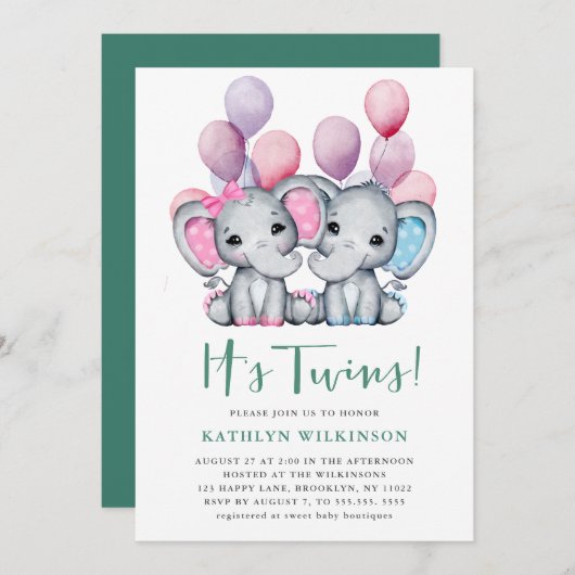 双子の男の子の女の子ゾウのバルーン赤ちゃんシャワー 招待状 (正面/裏面)