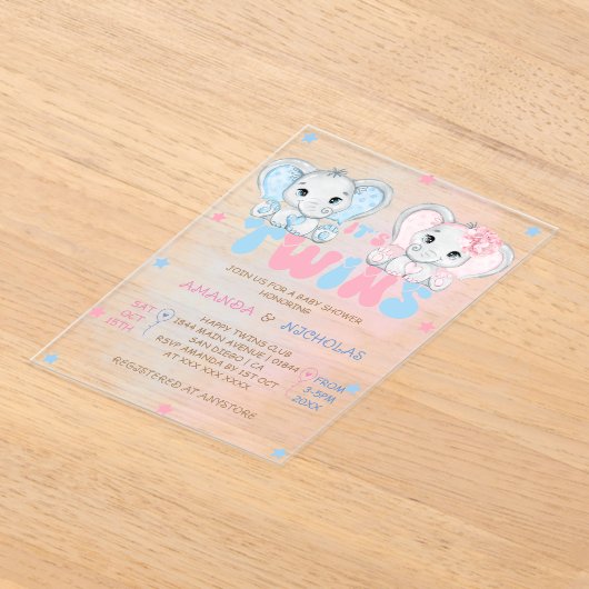 双子の男の子の女の子ゾウ赤ちゃんシャワー アクリル招待状 (レイダウン)
