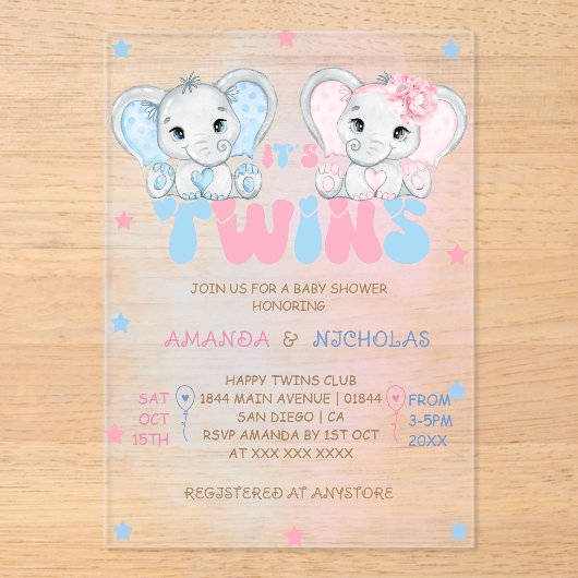 双子の男の子の女の子ゾウ赤ちゃんシャワー アクリル招待状 (正面)