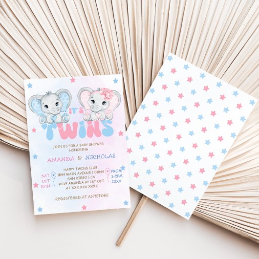双子の男の子の女の子ゾウ赤ちゃんシャワー 招待状