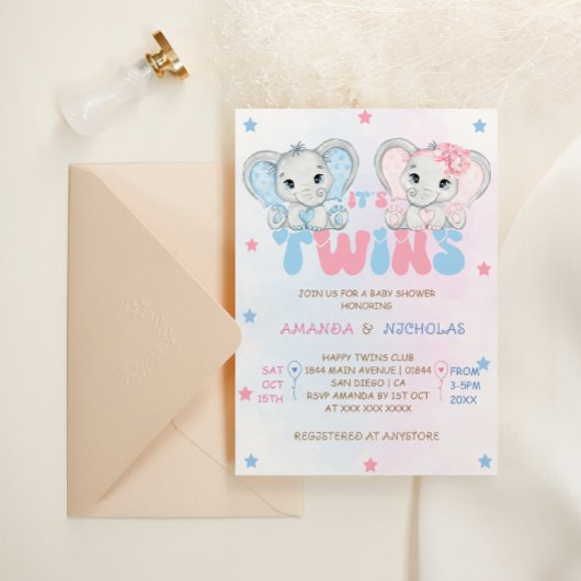 双子の男の子の女の子ゾウ赤ちゃんシャワー 招待状