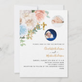 双子の男の子の女の子ブルーバラ写真ラグジュアリーバプテスマ 招待状 (正面)