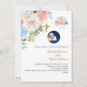 双子の男の子の女の子ブルーバラ花模様写真バプテスマ 招待状 (正面)