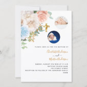 双子の男の子の女の子ブルーバラ花模様写真バプテスマ 招待状 (正面)