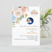 双子の男の子の女の子ブルーバラ花模様写真バプテスマ 招待状 (スタンド正面)