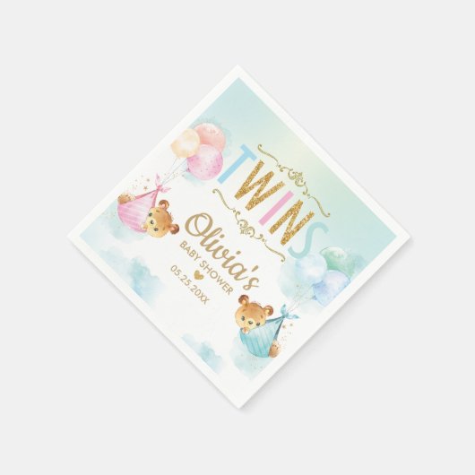 双子の男の子の子テディはバルーン赤ちゃんシャワー スタンダードカクテルナプキン (角)