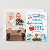 双子の男の子の小さな漁師1st誕生日の写真 招待状 (正面)