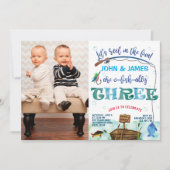 双子の男の子の小さな漁師3番目の誕生日の写真 招待状 (正面)
