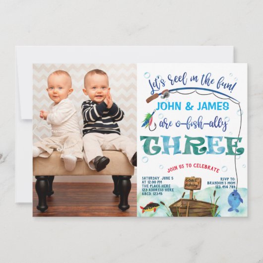 双子の男の子の小さな漁師3番目の誕生日の写真 招待状 (正面)