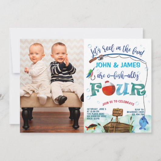 双子の男の子の小さな漁師4th誕生日の写真 招待状 (正面)