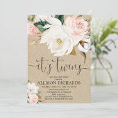 双子の男の子の白ピンクの素朴なクラフト赤ちゃんシャワー 招待状 (スタンド正面)