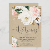 双子の男の子の白ピンクの素朴なクラフト赤ちゃんシャワー 招待状 (正面/裏面)