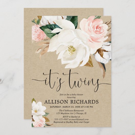 双子の男の子の白ピンクの素朴なクラフト赤ちゃんシャワー 招待状 (正面/裏面)