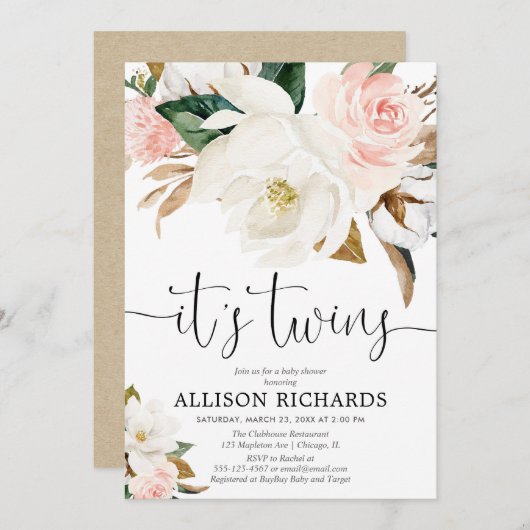 双子の男の子の白ピンクの素朴な赤ちゃんシャワー 招待状 (正面/裏面)
