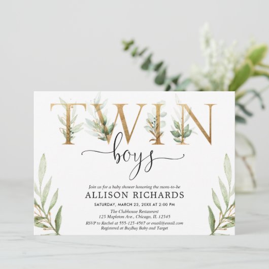 双子の男の子の緑の赤モダンちゃんシャワー 招待状 (スタンド正面)