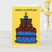 双子の男の子はケーキにクマ1歳の誕生日 カード (黄色い花)