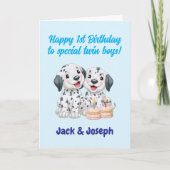 双子の男の子へ、1歳のお誕生日おめでとう かわいい子犬たち カード (正面)