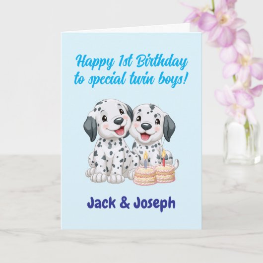双子の男の子へ、1歳のお誕生日おめでとう かわいい子犬たち カード (蘭)