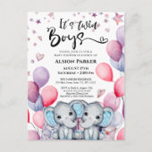 双子の男の子ゾウ青いバルーンかわいい赤ちゃんシャワー インビテーションポストカード (正面)