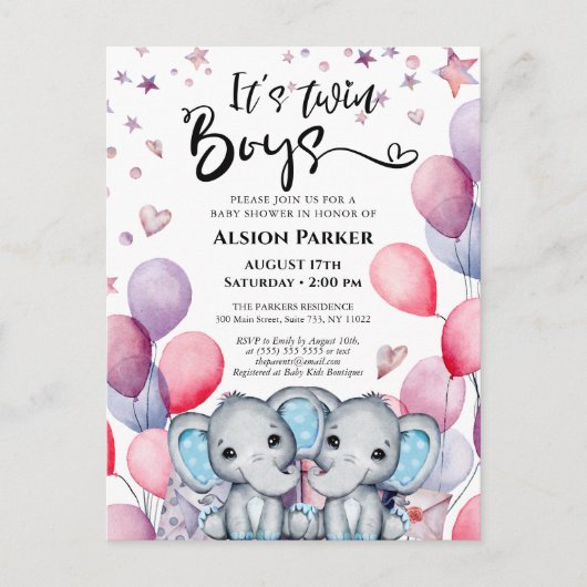 双子の男の子ゾウ青いバルーンかわいい赤ちゃんシャワー インビテーションポストカード (正面)