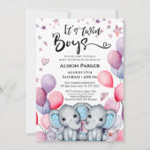 双子の男の子ゾウ青いバルーンかわいい赤ちゃんシャワー 招待状 (正面)