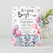 双子の男の子ゾウ青いバルーンかわいい赤ちゃんシャワー 招待状 (スタンド正面)