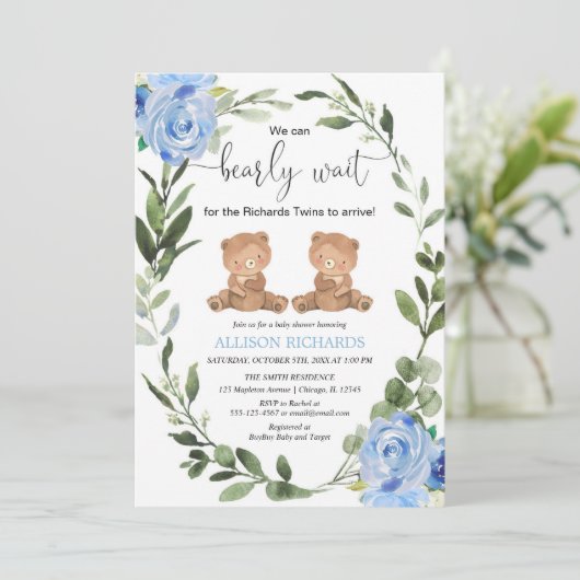 双子の男の子テディベア緑の青いフローラ赤ちゃんシャワー 招待状 (スタンド正面)
