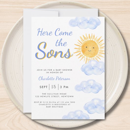 双子の男の子ベビーシャワーお招き状 Here Come The Sons 招待状