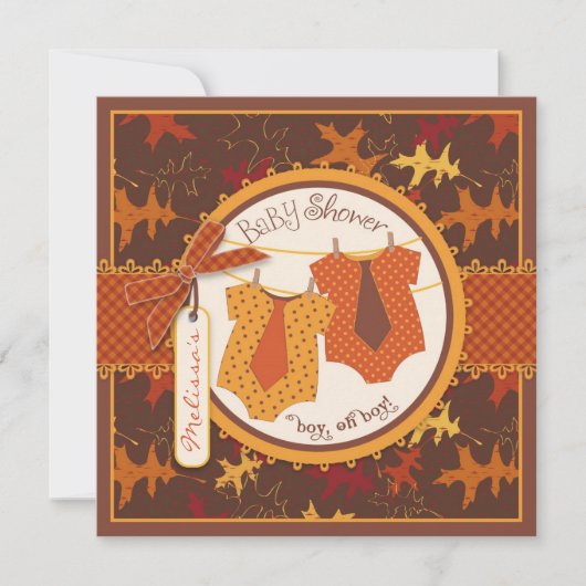 双子の男の子ベビーシャワー 秋のタイツと落ち葉 招待状 (正面)