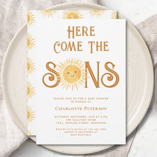 双子の男の子ベビーシャワー Here Come The Sons 招待状