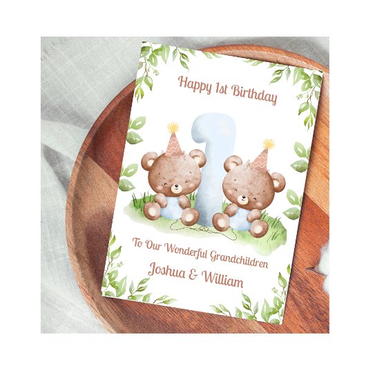 双子の男の子1歳の誕生日グリーンテディベアカード カード