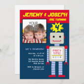 双子の男の子、ロボットの誕生日 招待状 (正面/裏面)