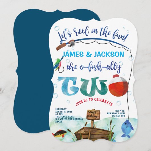 双子の男の子　小さな漁師　釣りをテーマにした2歳の誕生日 招待状 (正面/裏面)