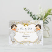 双子の男の子 洗礼・命名式の保存日 ホワイトゴールドクロス セーブザデート (スタンド正面)