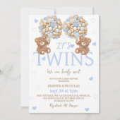 双子の男の子 青いクマ 風船 赤ちゃん歓迎会 招待状 (正面)