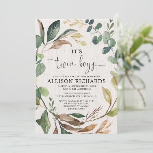 双子の男の素朴子の屋外の男の子の双子のベビーシャワー 招待状 (スタンド正面)