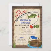 双子の男の素朴子魚釣り1歳の誕生日の男の子 招待状 (正面)